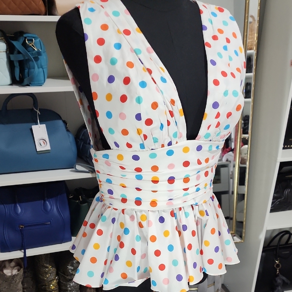 Caroline Constas Multicolor Polka Dot V-Neck Blouse - Picture 4 of 8